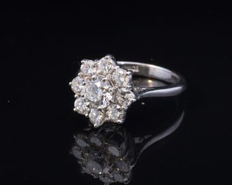 Superb Vintage Diamond Cluster Ring. 18ct White Gold. Certified Centre Diamond. 2.10 Carats TDW
