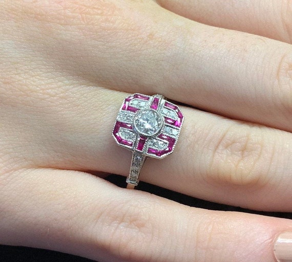 Art Deco Diamond & Ruby Ring. 18ct White Gold. Ca… - image 2