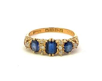 Antique Sapphire and Diamond Carved 18ct Gold Ring. English. Chester 1916. Excellent crisp Example.