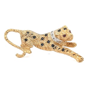 Vintage Diamond, Sapphire and Ruby 9ct Gold Panther Brooch. Well Made Solid Example. English Dated 1978