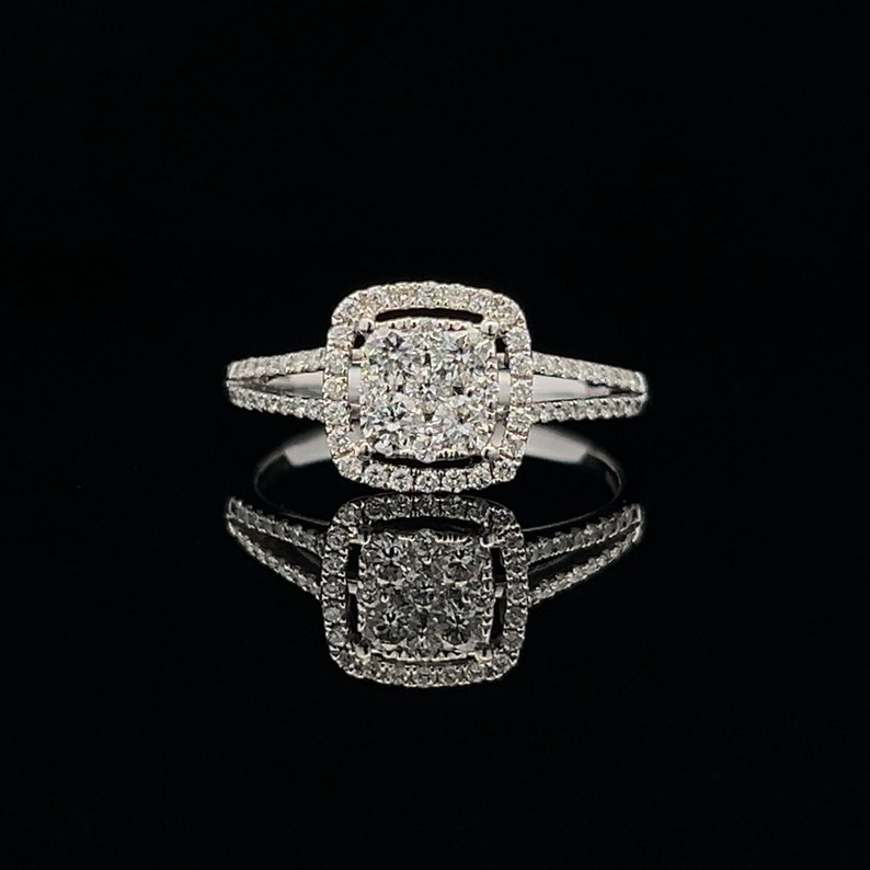 Preloved Natural Diamond Halo Cluster 18ct White Gold Ring with Diamond Split Shoulders. 0.75 Carat Diamond Cluster Ring. image 2