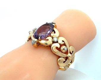 Magnificent 18ct Gold Vintage Amethyst and Diamond Victorian / Georgian  Style Bangle. 63grams, 28ct.