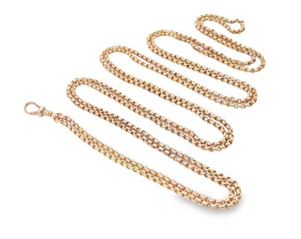 Antique 9ct Rose Gold Guard Chain. Victorian Gold Muff Chain, Long Chain. English Circa 1890. 65 Inches.