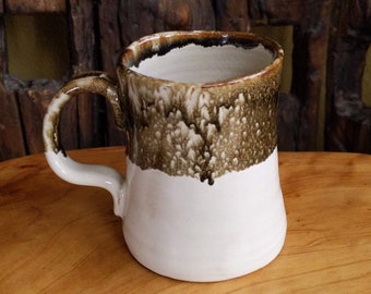 Handmade Ceramic Tea and Coffee Mug - Black and White Runny Drippy Glaze - Tenmoku Hare's Fur - One-of-a-kind Artwork - Unique Gift Idea