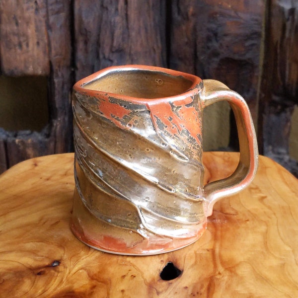 Handmade Textured Shino Ceramic Coffee Mug - Orange, Gold, Black Slip Decoration Tea Beerstein Tankard - One-of-a-kind Artwork - Unique Gift