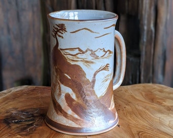 Large Handmade Ceramic Mountain Landscape Mug - Tree Tankard - Gold Hand-painted Beerstein With Shino - One-of-a-kind Artwork - Unique Gift