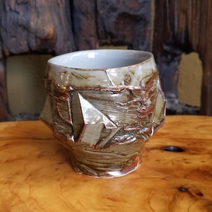 Textured Handmade Ceramic Tea Bowl - Wabi-sabi Matcha Chawan - Celadon Stoneware Coffee Cup Geology Wood Unique Gift One-of-a-kind Artwork