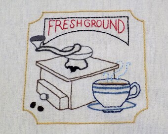 Hand Embroidered Tea TowelKitchen Towel with optional cotton Dishcloth Fresh Ground Coffee