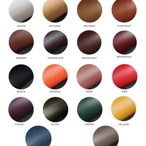 May include: A chart showing 15 different leather colors, including white, natural, whiskey, chestnut, brown, chocolate, mahogany, bordeaux, black, orange, rose, red, violet, olive, green, yellow, blue, and taupe. The chart is titled "Colors" and is from the company "Tidal Theory".