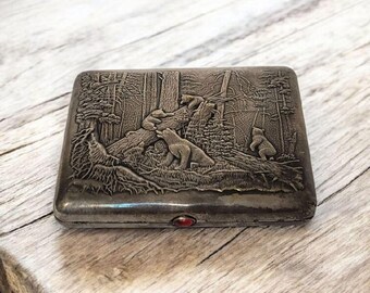 Antique Brass Cigarette Case: USSR Morning in a Pine Forest, Vintage,Soviet cigarette case