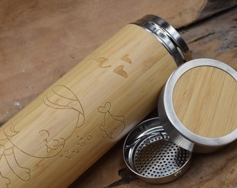Personalizable drinking bottle made of stainless steel and bamboo