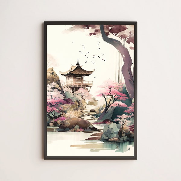 Pagoda Temple by Creek / Poster, Print, Wall Art / Japanese, Japandi, Ukiyo-e, Chinese, Zen, Feng Shui, Watercolor, Landscape, Painting