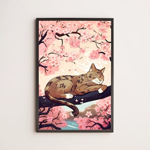 Chat endormi et fleurs de cerisier roses, Ukiyo-e japonais / Affiche, Impression, Art mural / Cadeau d'amant de chat, Mignon, Peinture, Moderne, Tendance, vintage