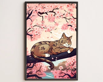 Sleeping Cat & Pink Cherry Blossoms, Japanese Ukiyo-e / Poster, Print, Wall Art / Cat Lover Gift, Cute, Painting, Modern, Trendy, Vintage