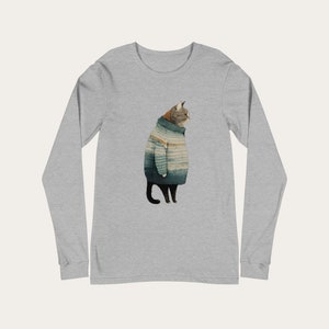 Fat Gray Cat in Sweater / Unisex Crewneck Long Sleeve Tee / Cotton Polyester / Cat Lover Gift, Cute, Funny, Modern, Trendy, Minimalist