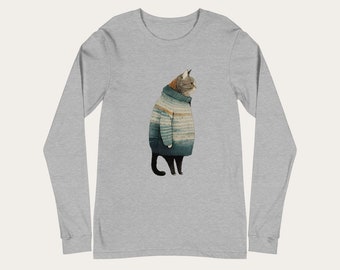 Fat Gray Cat in Sweater / Unisex Crewneck Long Sleeve Tee / Cotton Polyester / Cat Lover Gift, Cute, Funny, Modern, Trendy, Minimalist