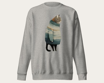 Fat Gray Cat in Sweater / Unisex Crewneck Sweatshirt Long Sleeve Shirt / Cotton Polyester / Cat Lover Gift, Pet Lover, Cute, Funny, Trendy