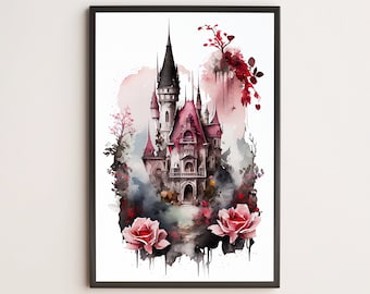 Vampirschloss, Rosen, Aquarell/Poster, Print, Wandkunst/Gothic, Goth, Dark, Fantasy, Witchy, Cottagecore, Malerei, Trendy, Vintage