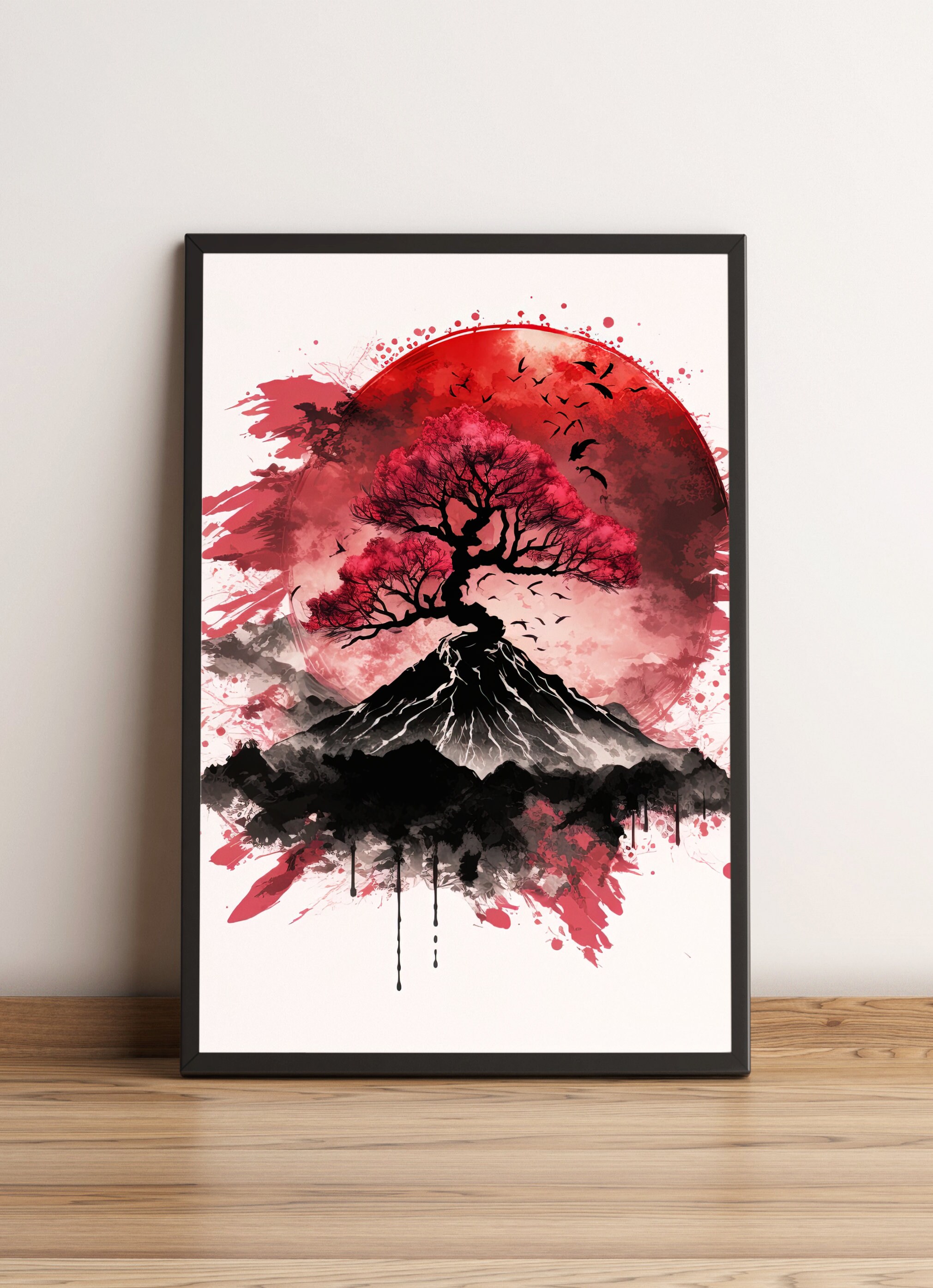 Mountain & Cherry Blossoms Under Blood Moon / Poster, Print, Wall