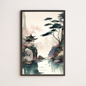 Peaceful Pagoda Temple in Lake / Poster, Print, Wall Art / Japanese, Japandi, Ukiyo-e, Chinese, Zen, Feng Shui, Watercolor, Landscape