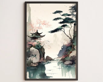 May include: A watercolor painting of a Japanese garden scene with a small pagoda, a flowing stream, and a pine tree. The painting is done in shades of green, pink, and gray.