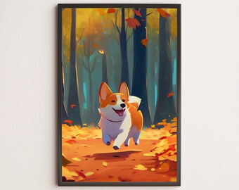 Puede incluir: Una ilustración de dibujos animados de un perro corgi corriendo por un bosque con hojas naranjas y amarillas en el suelo. El perro es marrón y blanco con una expresión feliz.