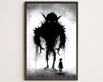 May include: Black and white illustration of a large, shadowy monster with a small human figure standing in front of it. The monster has sharp teeth and claws, and its eyes glow in the darkness.