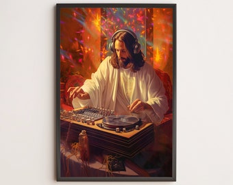 DJ Jesus at Turntable / Poster, Print, Wall Art / Jesus Christ, Christian, Renaissance, Funny, Painting, Modern, Trendy, Vintage, Surreal