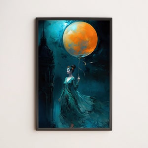 Woman in Blue & Moon Balloon / Poster, Print, Wall Art / Fantasy, Magical, Magic, DnD, Oil Painting, Modern, Trendy, Vintage, Retro, Surreal