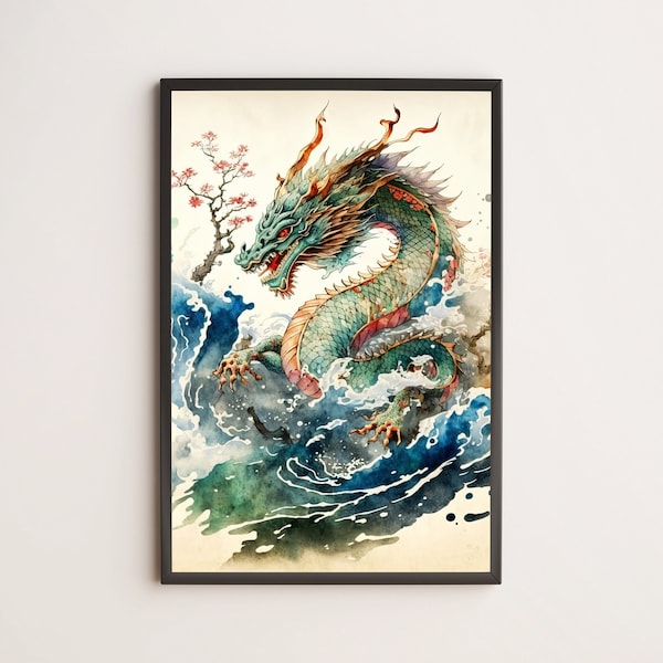Japanese Water Dragon / Poster, Print, Wall Art / Japanese, Japandi, Ukiyo-e, Chinese, Zen, Feng Shui, Watercolor, Landscape, Painting