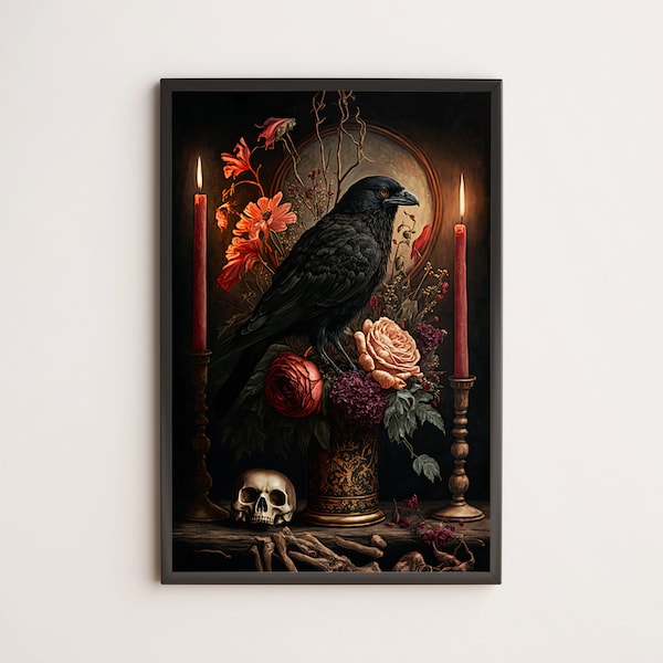 Gothic Crow, Raven, Skull, Flowers & Candles / Poster, Print, Wall Art / Gothic, Goth, Dark, Fantasy, Macabre, Witchy, Cottagecore, Painting