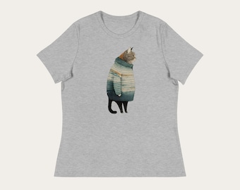 Fat Gray Cat in Sweater / Women&#39;s Relaxed Fit Crewneck T-Shirt / Cotton Polyester / Cat Lover Gift, Cute, Funny, Modern, Trendy, Minimalist