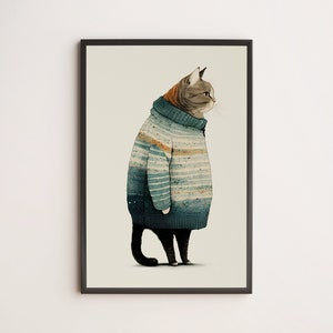 Fat Gray Cat in Sweater / Poster, Print, Wall Art / Cat Lover Gift, Cute, Funny, Painting, Modern, Trendy, Vintage, Retro, Minimalist