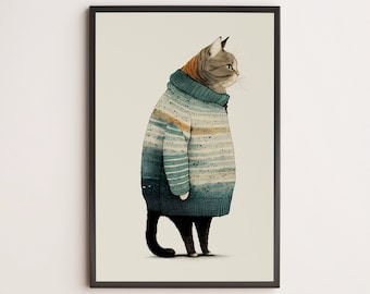 Fat Gray Cat in Sweater / Poster, Print, Wall Art / Cat Lover Gift, Cute, Funny, Painting, Modern, Trendy, Vintage, Retro, Minimalist