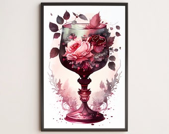 Vampir Kelch, Rosen, Aquarell/Poster, Print, Wand Kunst/Gothic, Goth, Dark, Fantasy, Witchy, Cottagecore, Malerei, Trendy, Vintage