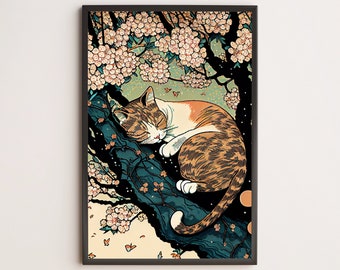 Sleeping Calico Cat & Cherry Blossoms, Japanese Ukiyo-e / Poster, Print, Wall Art / Cat Lover Gift, Cute, Painting, Modern, Trendy, Vintage