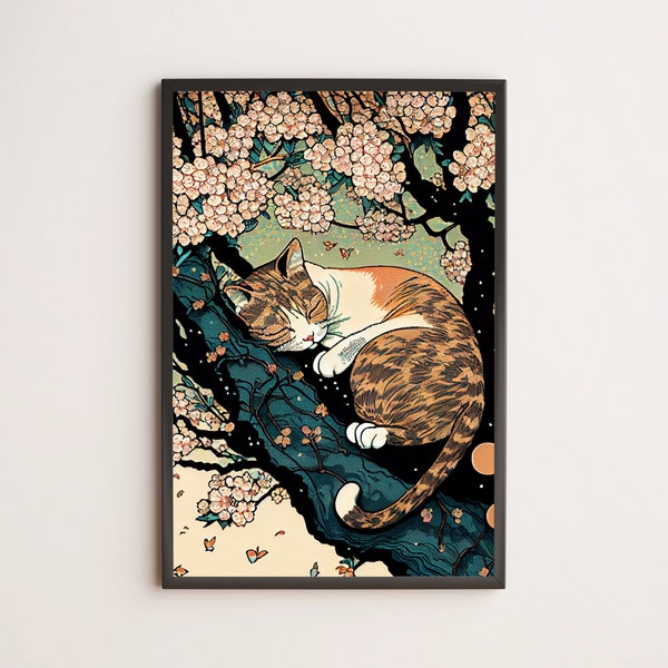 Sleeping Calico Cat & Cherry Blossoms, Japanese Ukiyo-e / Poster, Print, Wall Art / Cat Lover Gift, Cute, Painting, Modern, Trendy, Vintage