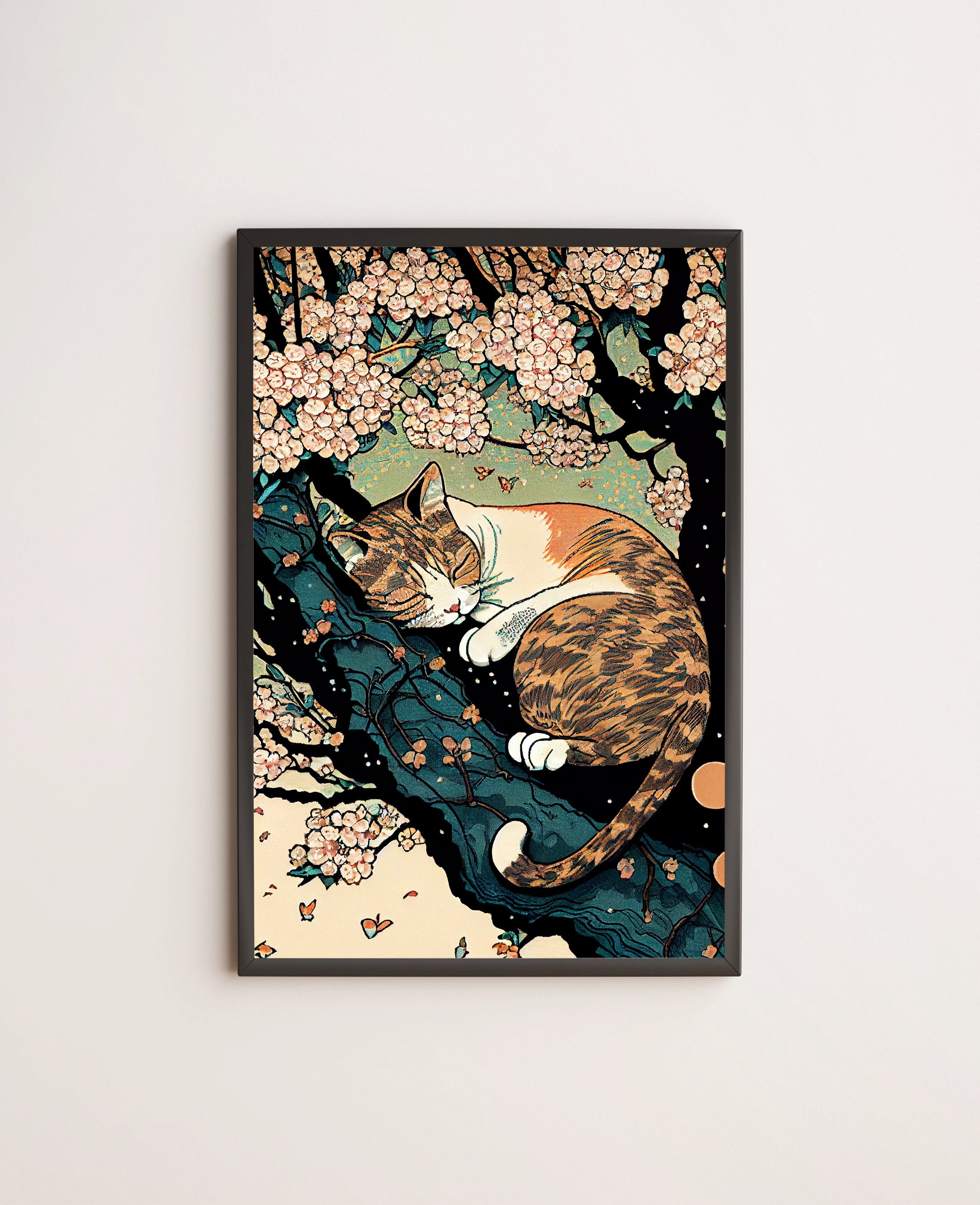 Sleeping Calico Cat & Cherry Blossoms, Japanese Ukiyo-e / Poster