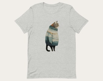 Fat Gray Cat in Sweater / Unisex Crewneck Short Sleeve T-Shirt / Cotton Polyester / Cat Lover Gift, Cute, Funny, Modern, Trendy, Minimalist