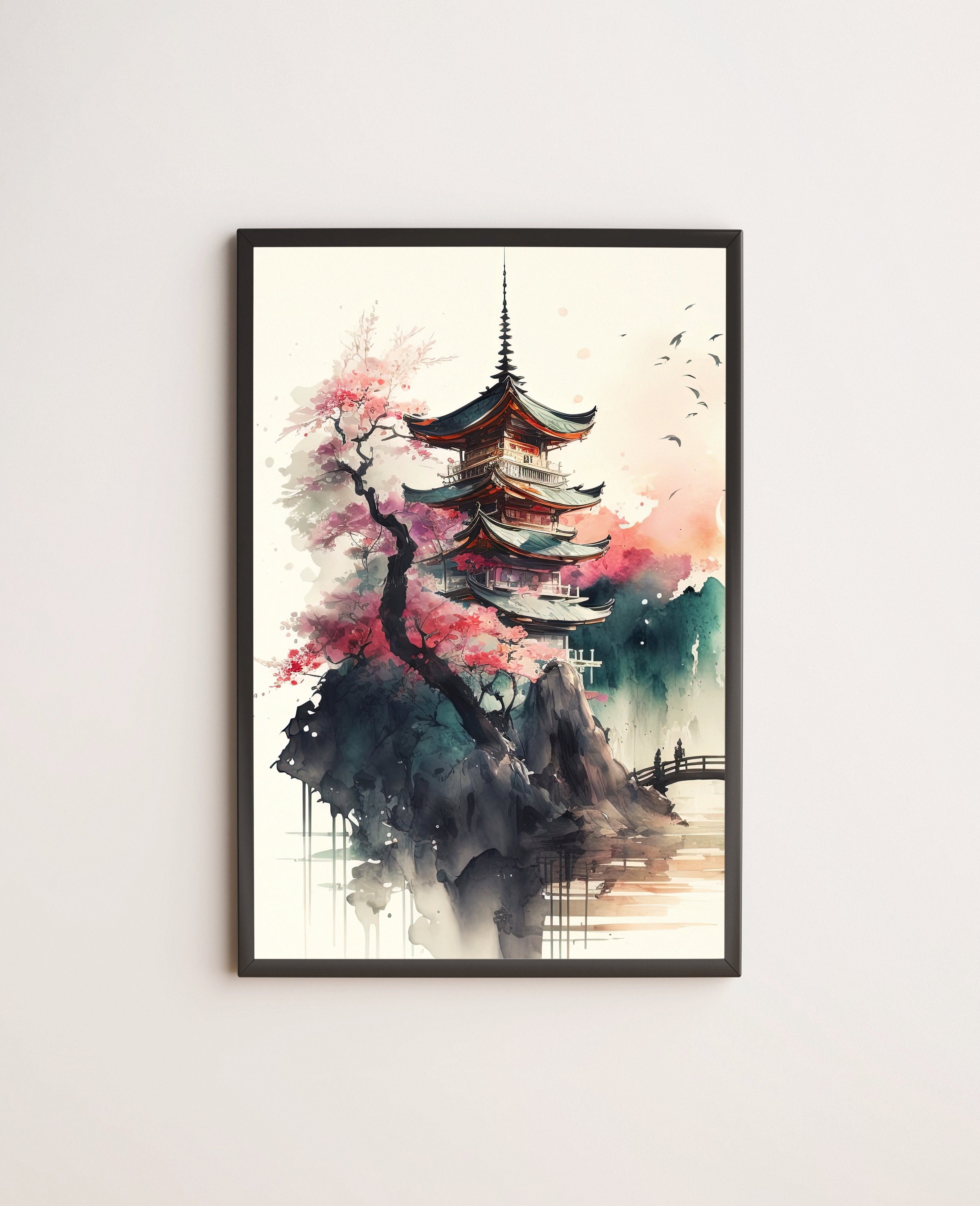 Lake Temple with Cherry Blossoms & Bridge / Poster, Print, Wall Art / Japanese, Japandi, Ukiyo-e, Chinese, Zen, Feng Shui, Watercolor