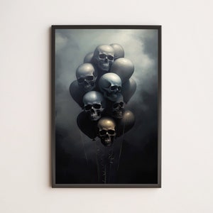 Black Skull Balloons / Poster, Print, Wall Art / Poster, Print, Wall Art / Gothic, Goth, Dark, Fantasy, Macabre, Witchy, Painting, Vintage