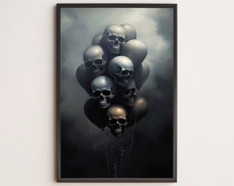 Black Skull Balloons / Poster, Print, Wall Art / Poster, Print, Wall Art / Gothic, Goth, Dark, Fantasy, Macabre, Witchy, Painting, Vintage