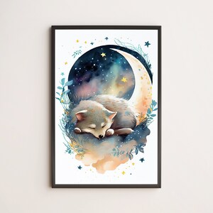 Happy Sleeping Baby Wolf, Cub / Poster, Print, Wall Art / Cute, Babies, Colorful, Watercolor, Nursery Decor, Moon and Stars, Painting