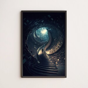 May include: A person walks up a winding staircase that leads to a bright light at the top. The staircase is surrounded by bookshelves filled with books. The scene is dark and mysterious, with a sense of wonder and possibility.