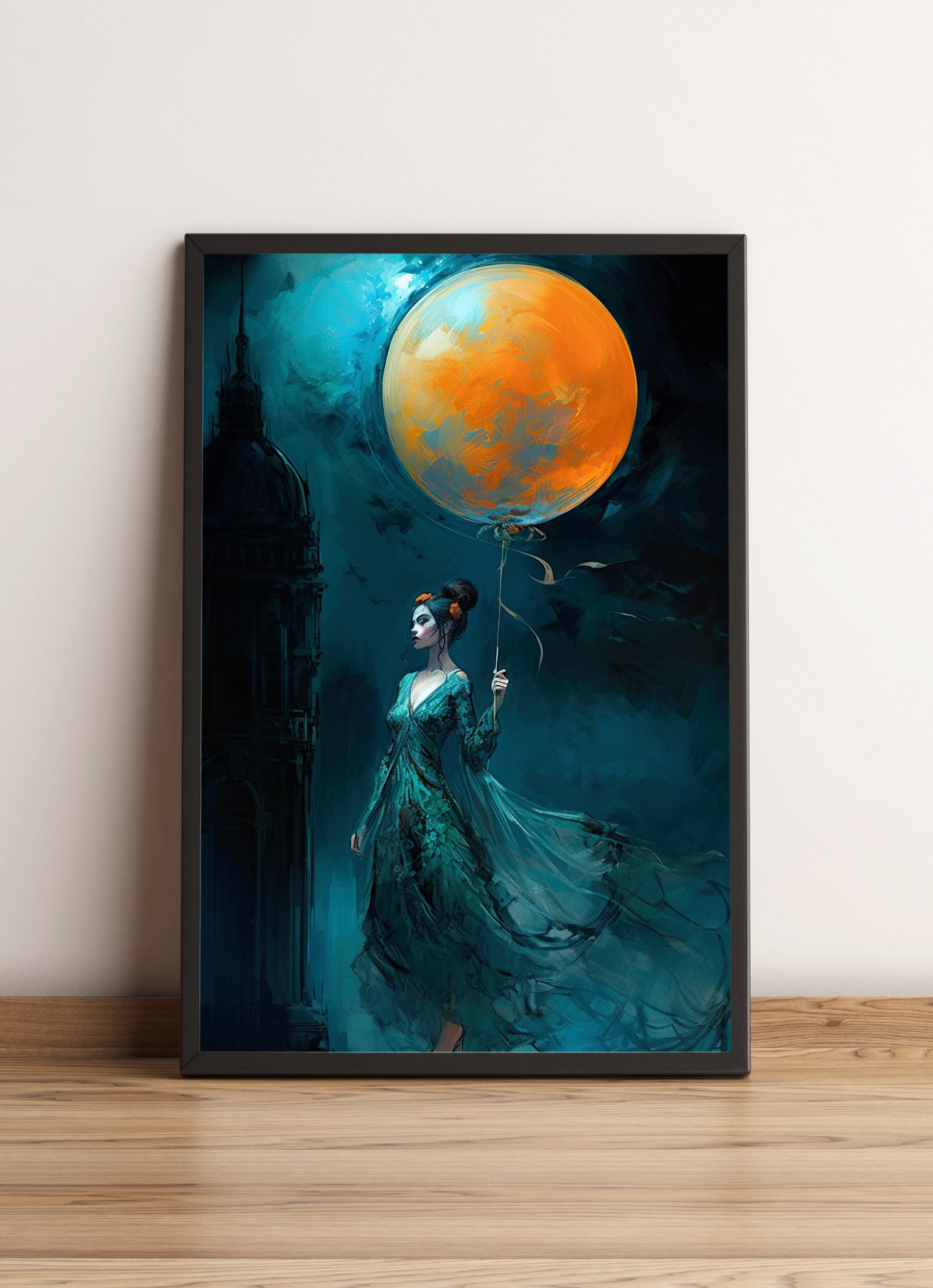 Woman in Blue & Moon Balloon / Poster, Print, Wall Art / Fantasy ...