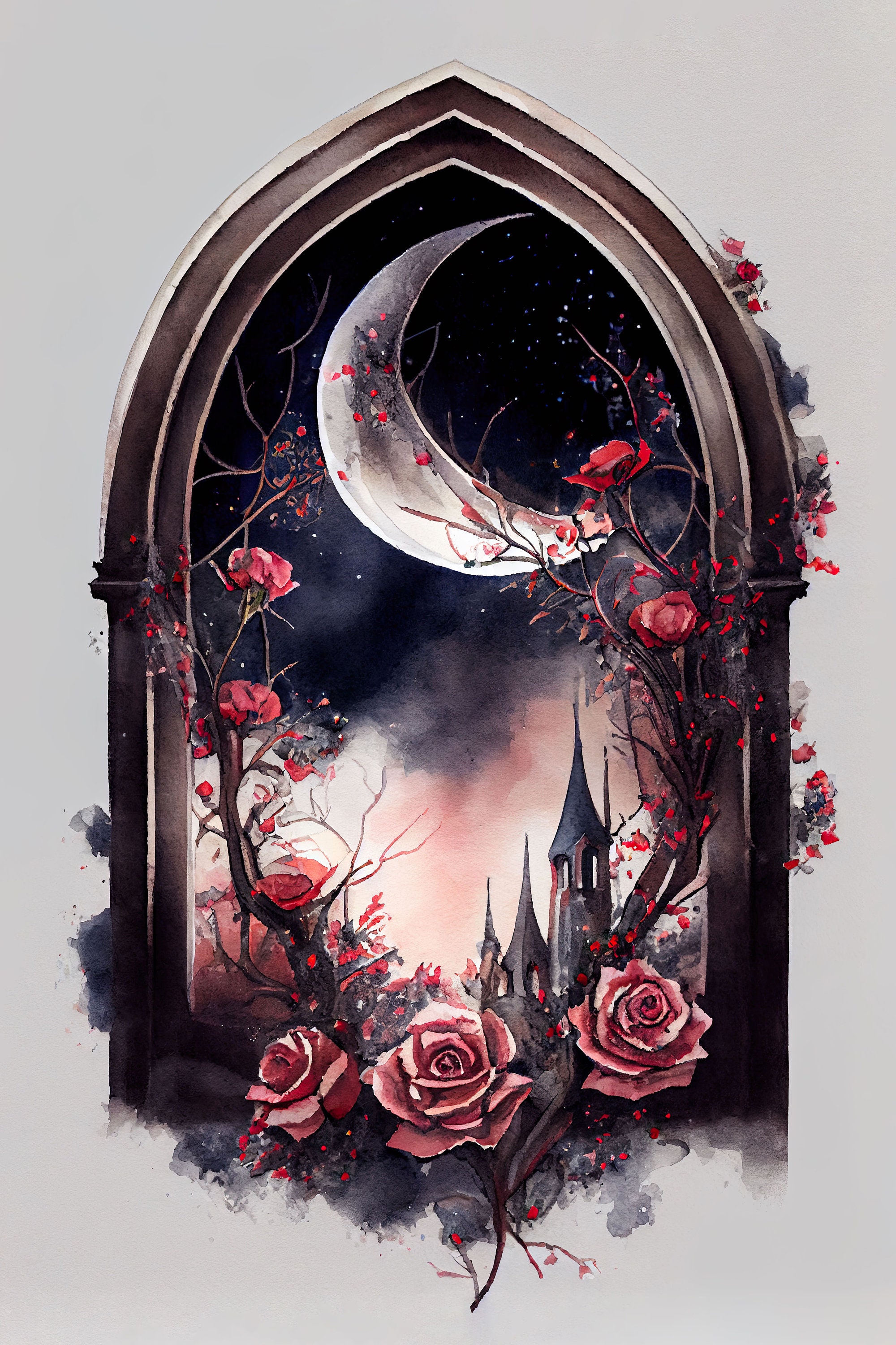 Vampire Window Design Vampire Castle Window Roses Moon Watercolor / Poster - Etsy