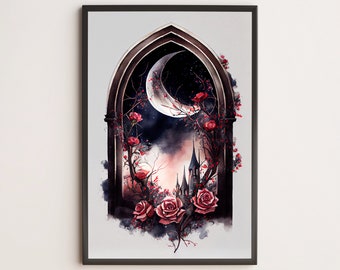 Vampir Burg Fenster, Rosen, Mond, Aquarell/Poster, Print, Wand Kunst/Gothic, Goth, Dark, Fantasy, Witchy, Cottagecore, Malerei