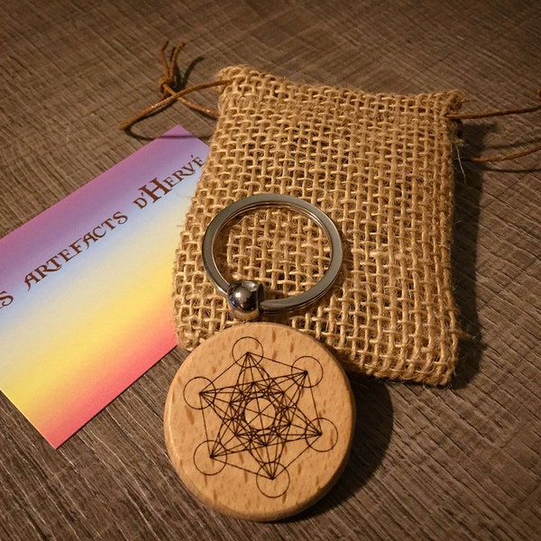 Porte clé personnalisable spirituel rond en bois et métal Cube de Metatron