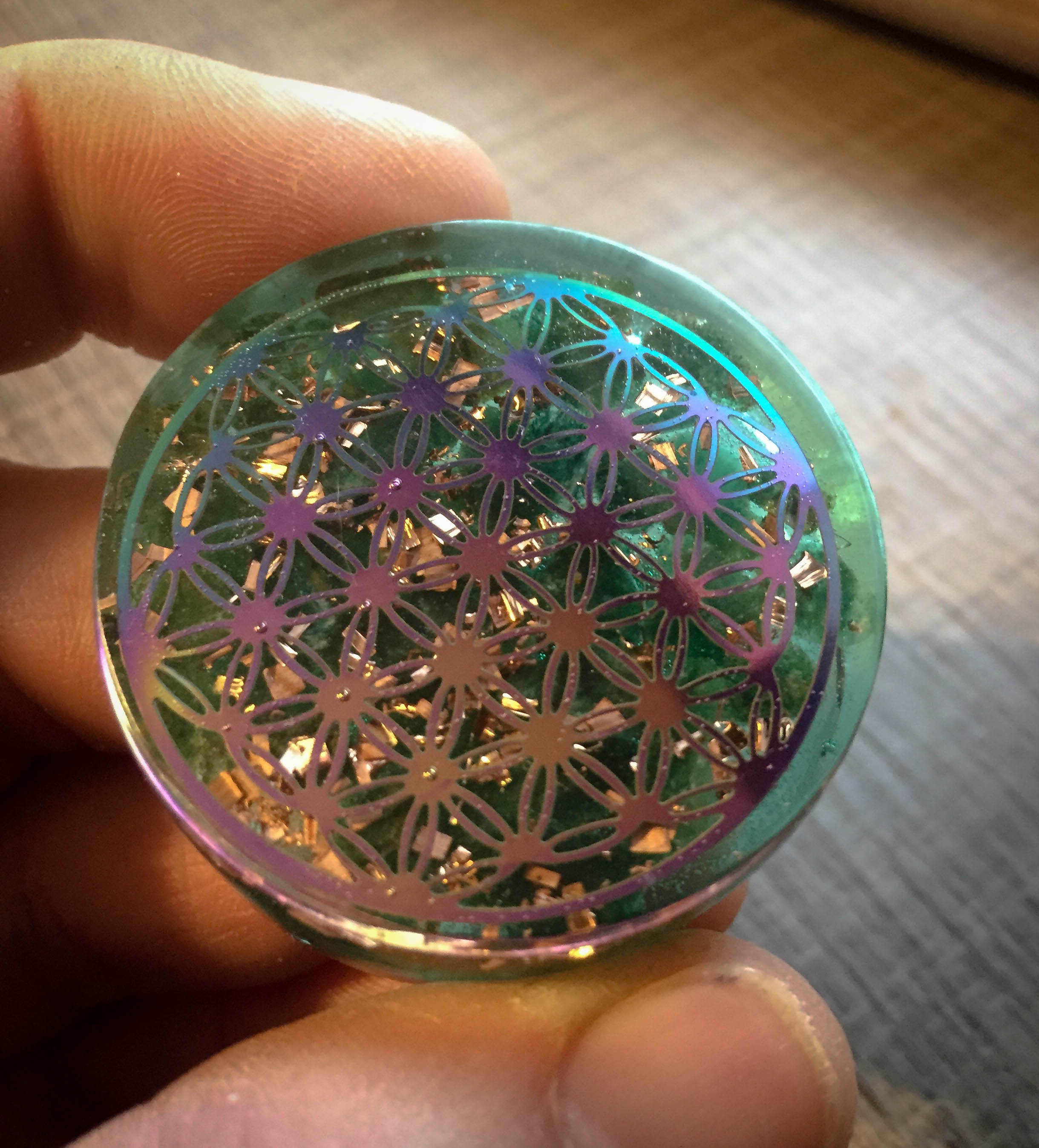 Disque Orgonite Rond Aventurine Verte Cuivre Fleur de Vie