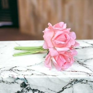 Bundle of 5 Real Touch Artificial Roses - Faux Flowers - Faux Bouquet - Coral Roses